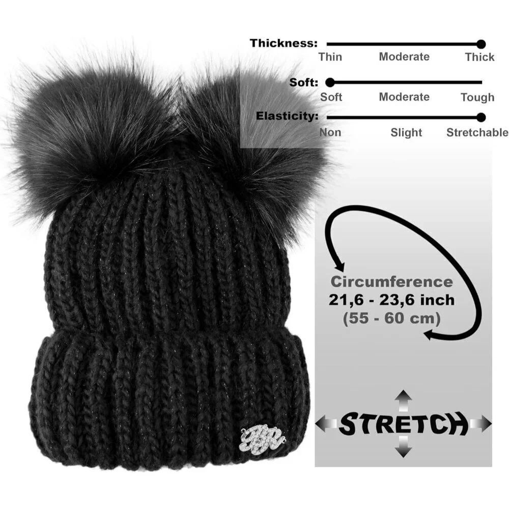 Women's Black 2 Pom Cable Knit Winter Warm Fleece Wool Snow Cuff Ski Cap